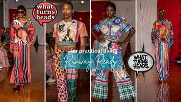 Four stylish people wearing vibrant patterned outfits walking confidently on the runway, showing how wearable art fashion feels natural, effortless, and expressive