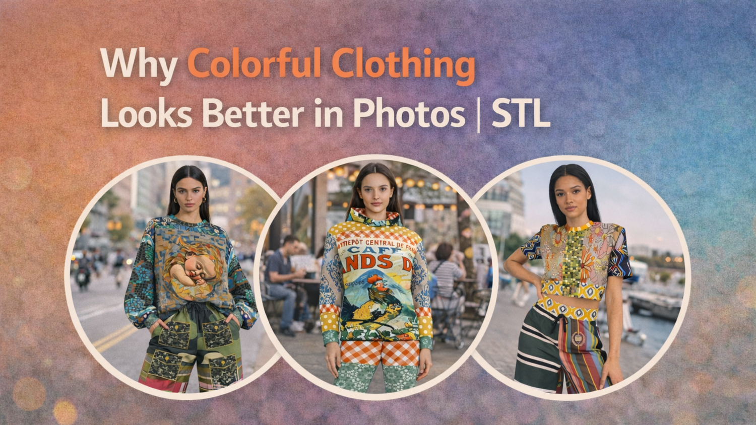 Colorful wearable art outfits from SingleTree Lane photographed in public settings showing how bold patterns and vibrant clothing stand out compared to neutral tones