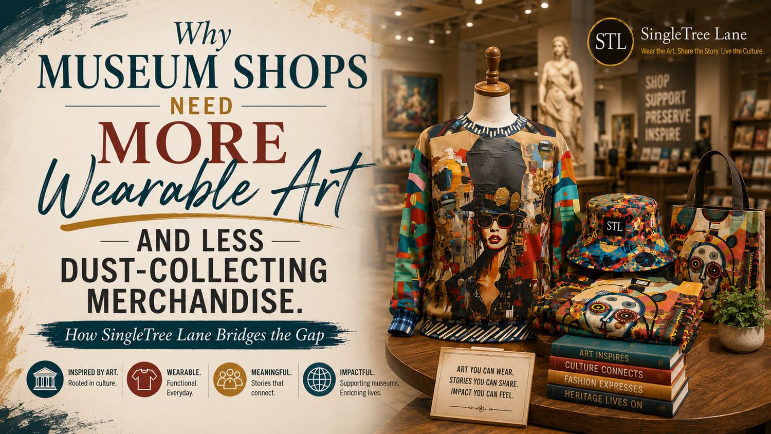 SingleTree Lane wearable art museum shop hero banner featuring collectible fashion, bucket hats, and expressive cultural merchandise for modern museum retail experiences.