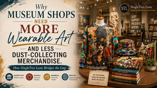 SingleTree Lane wearable art museum shop hero banner featuring collectible fashion, bucket hats, and expressive cultural merchandise for modern museum retail experiences.