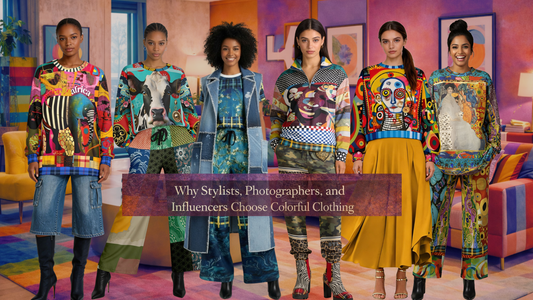 Editorial-worthy SingleTree Lane collection featuring six models in bold, colorful, art-inspired outfits styled in a vibrant living room setting
