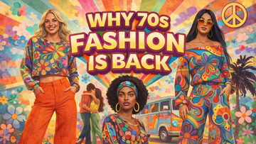 16:9 hero graphic featuring three women in bold 70s-inspired outfits with vibrant floral and psychedelic prints, set against a colorful retro sunburst background with flowers and peace symbols, with text reading “Why 70s Fashion Is Back”