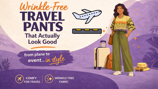 Wrinkle-free travel pants hero graphic with stylish outfit, luggage, and “from plane to event…in style” text