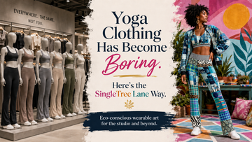 Blog header graphic contrasting bland neutral yoga wear with a colorful SingleTree Lane model wearing an outfit from the **So Royal I’m Blue collection**, highlighting expressive wearable-art activewear for the studio and beyond.