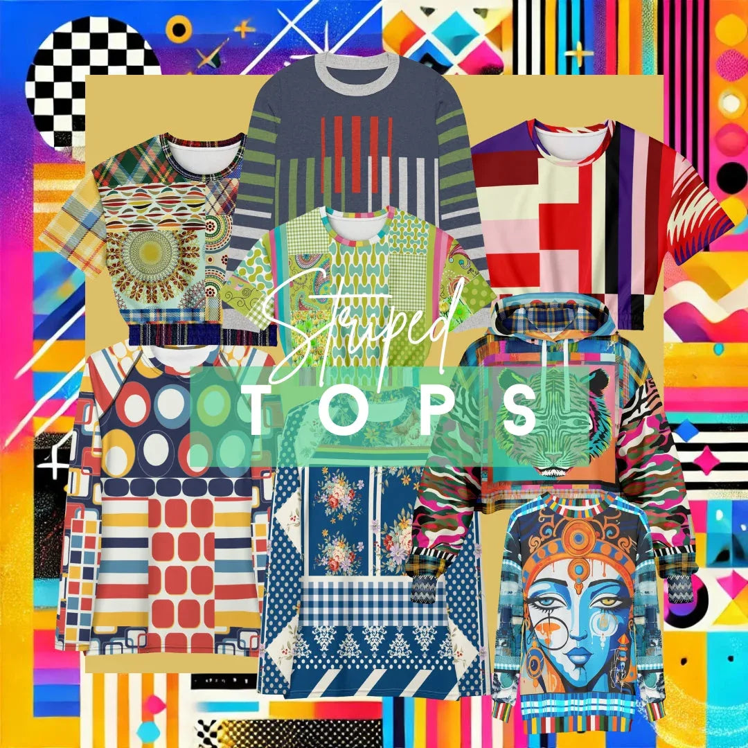Striped tops collection featuring colorful patterned shirts and wearable art designs for women.
