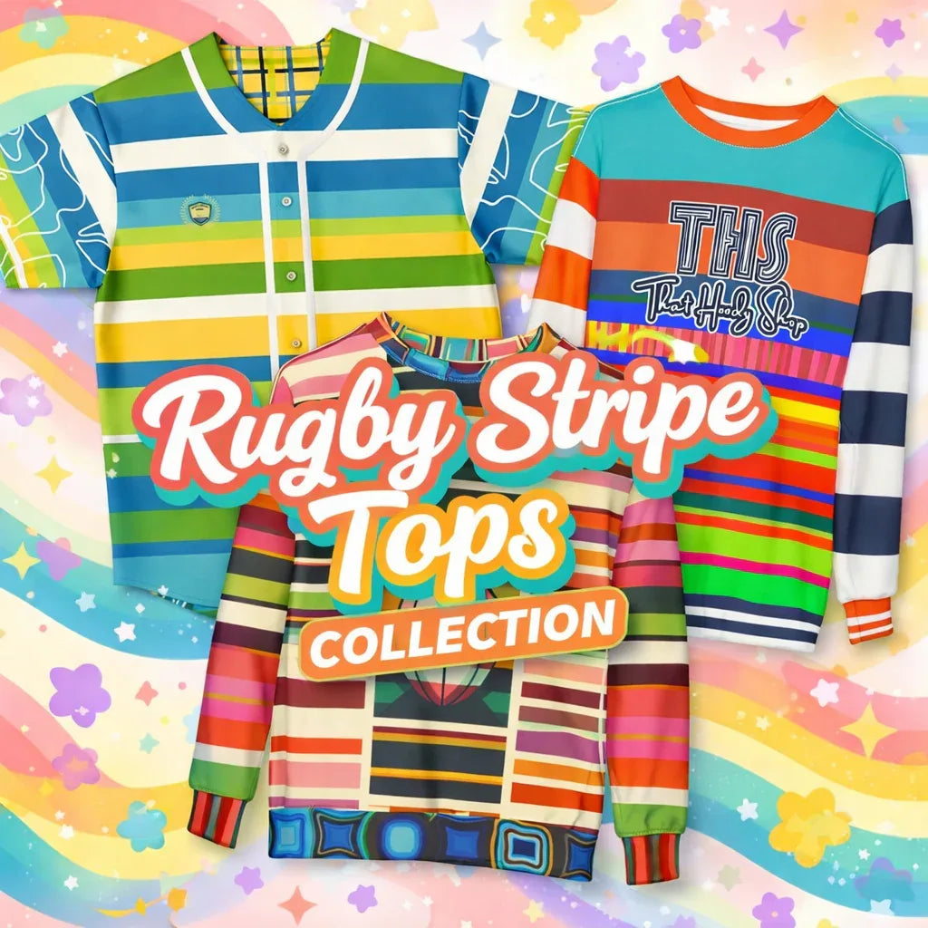 Rugby stripe tops collection with vibrant striped shirts and color-blocked long sleeve designs.