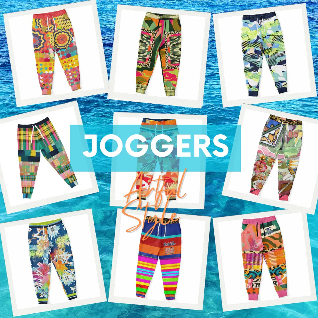 SingleTree Lane joggers collection graphic featuring colorful patchwork and camo-print joggers arranged on a blue water background with text “Joggers – Artful Style” showcasing bold, wearable art pants for everyday comfort and travel