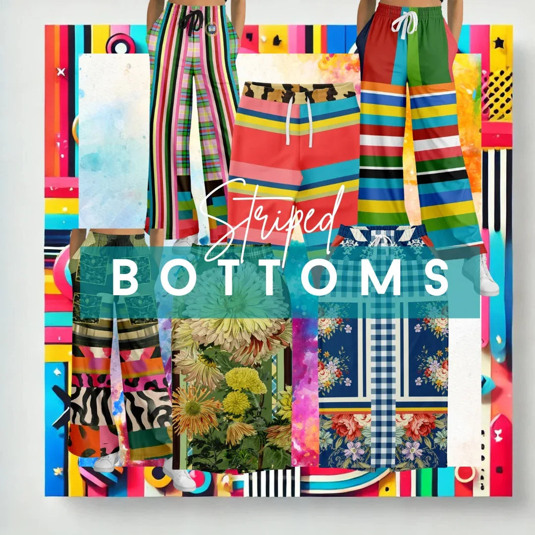 Striped pants &amp; bottoms collection featuring colorful wide leg pants with bold graphic patterns and mixed prints.