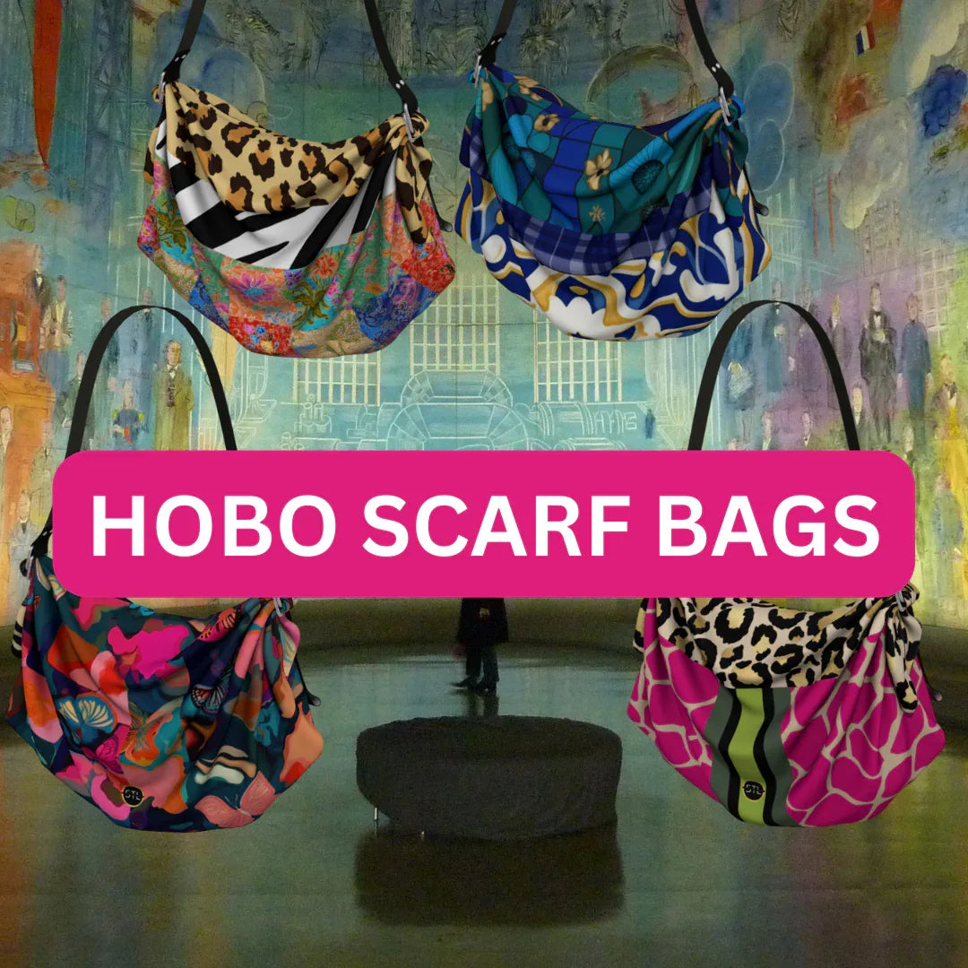 Hobo Scarf Bags collection graphic featuring four colorful wearable art scarf bags styled as crossbody purses against an abstract gallery background with bold pink title banner