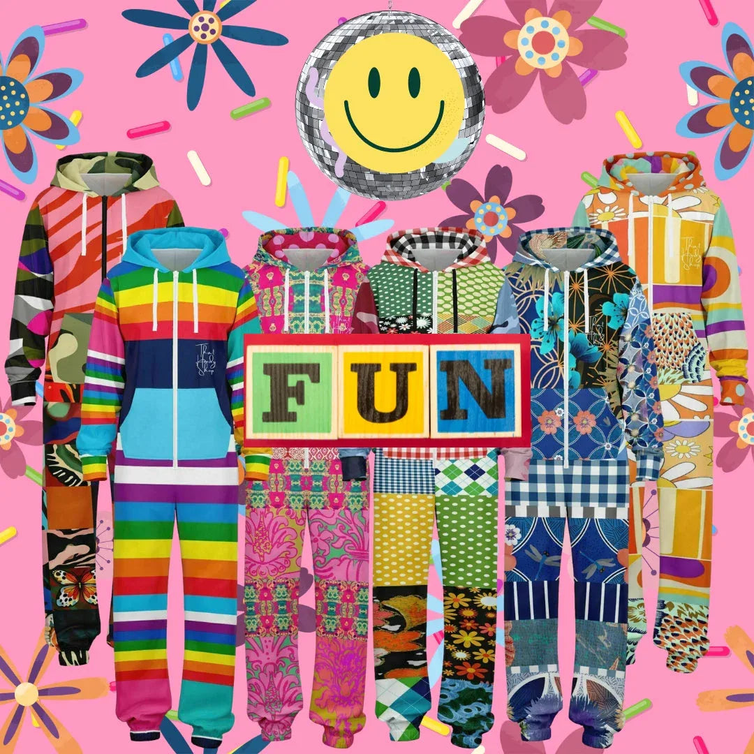 Image featuring colorful patchwork fleece and recycled polyester rompers and lounge jumpsuits with hoodies, featuring playful prints and bold patterns for cozy dorm life and sleepwear.