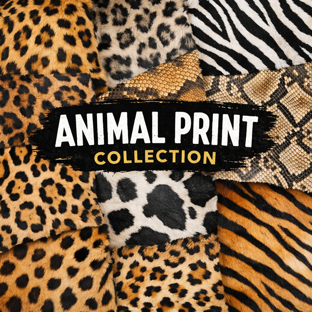 Animal print clothing collage featuring leopard, zebra, tiger, cheetah, and snakeskin patterns with Animal Print Collection text overlay