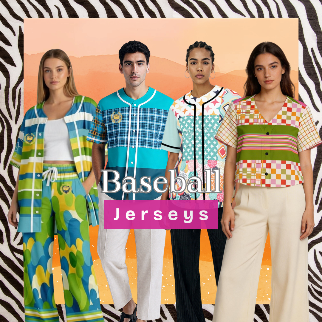 Baseball jerseys in bold colorful prints featuring full-length and cropped styles styled as wearable art outfits with artistic patterns and modern streetwear design.