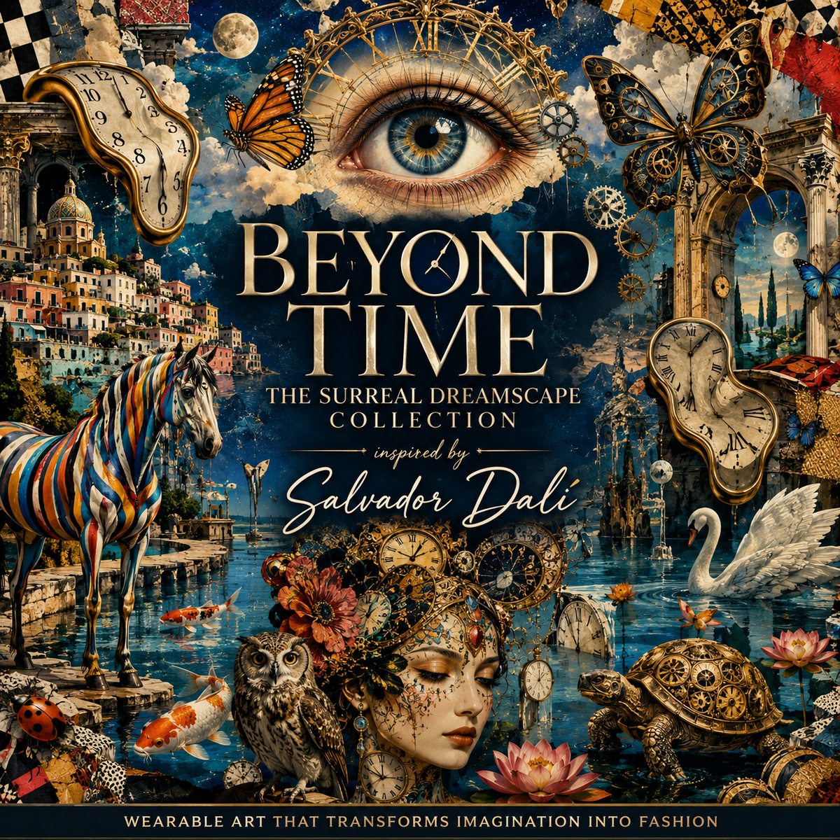 Beyond Time Surreal Dreamscape Collection graphic featuring a celestial eye, melting clocks, Amalfi coast, striped horse, butterflies, swan, owl and koi.