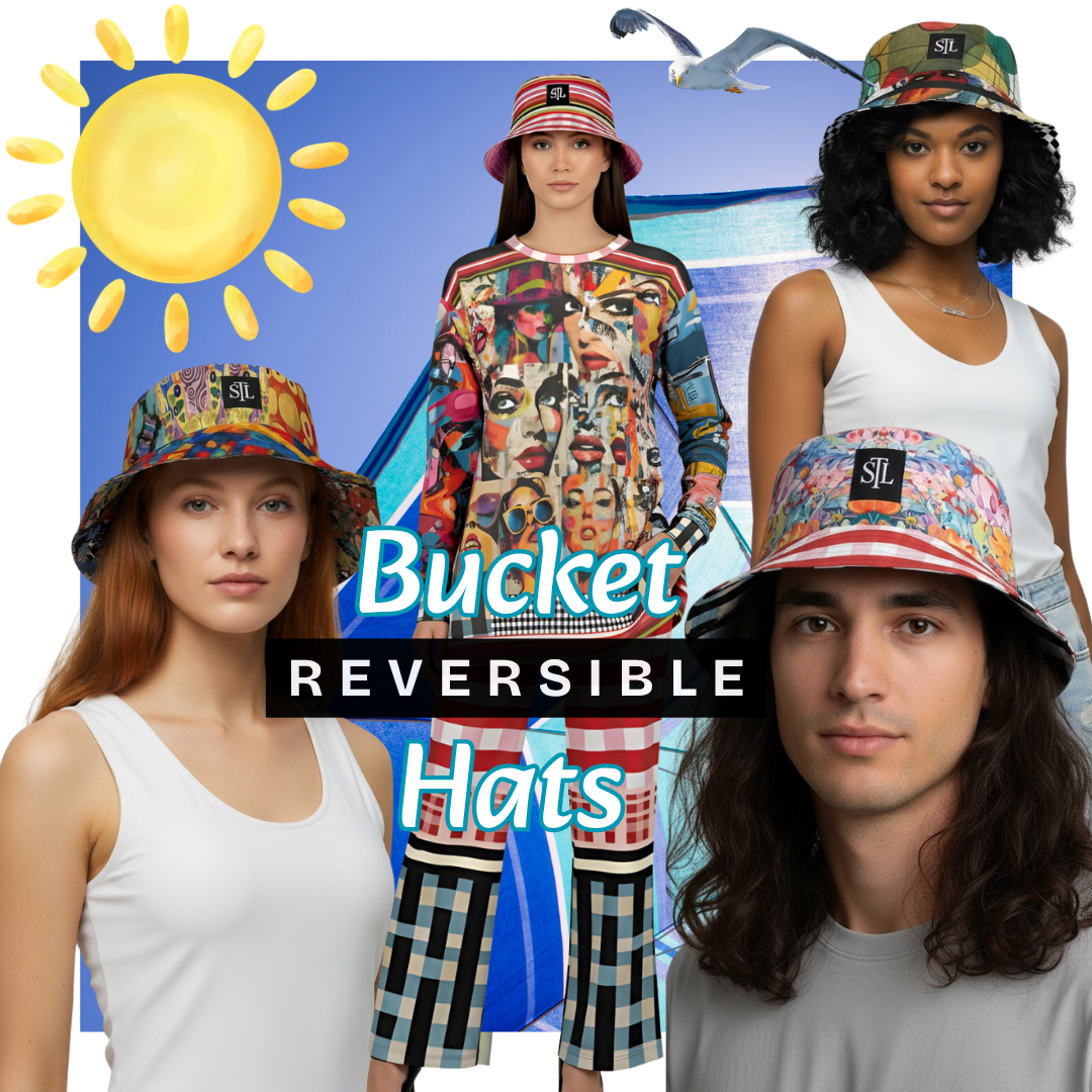 SingleTree Lane reversible bucket hats in colorful wearable art prints, modeled by men and women in a vibrant summer fashion collection.