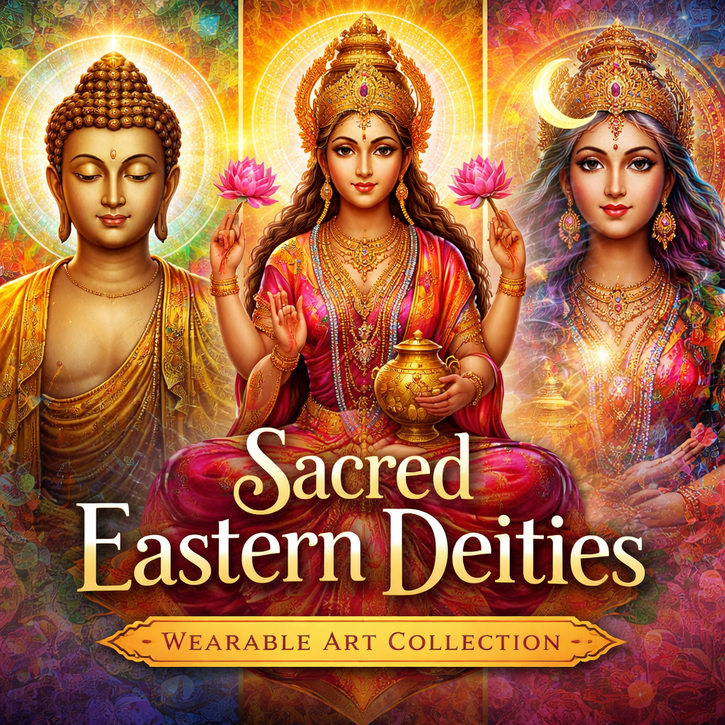 Sacred Eastern Deities collection graphic featuring Buddha, Lakshmi, and divine feminine figures with ornate gold details, radiant halos, and vibrant mandala background, representing wearable art inspired by Eastern spirituality