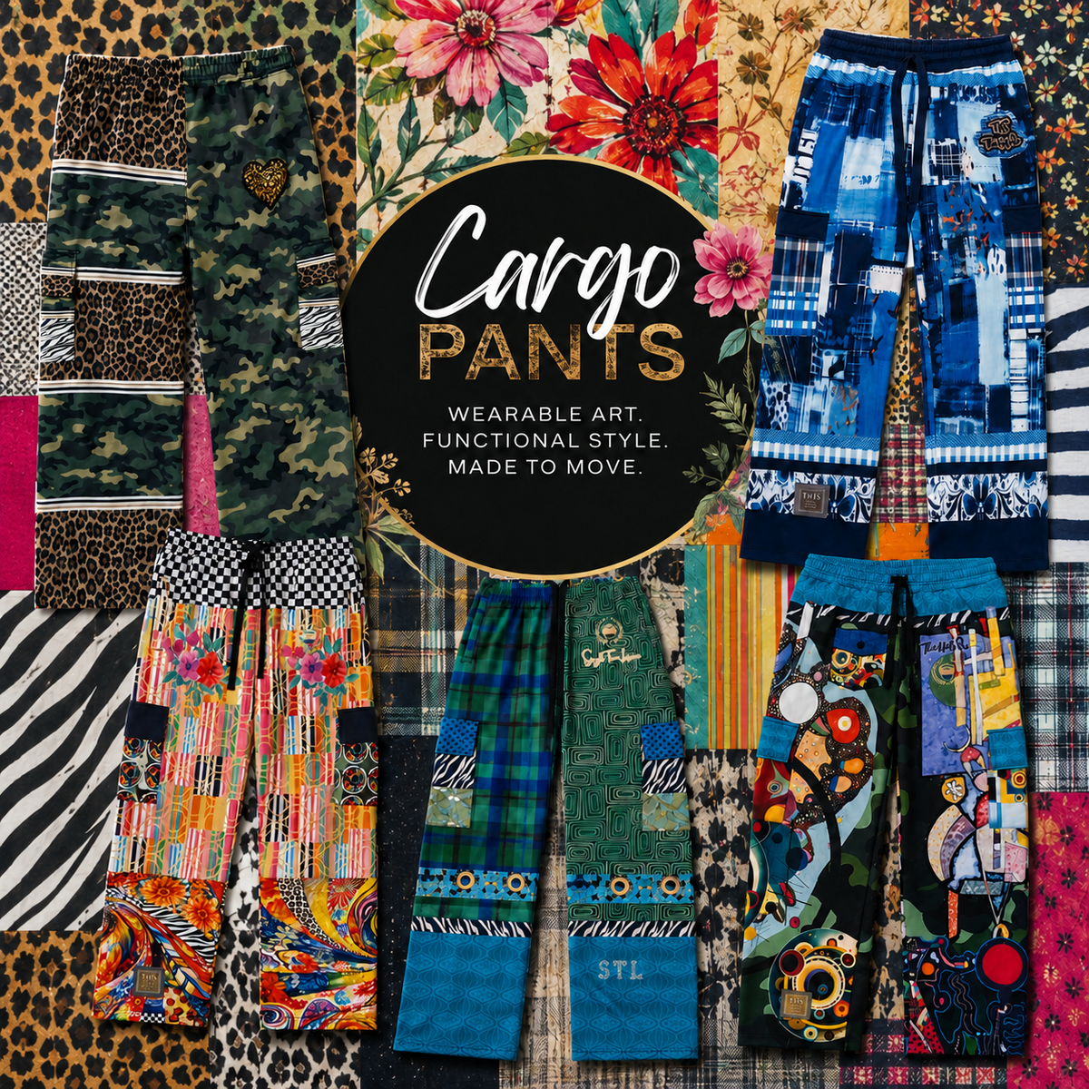 Cargo Pants collection graphic featuring bold wearable-art wide leg cargo pants in camo, leopard print, blue patchwork, orange floral stripes, green geometric plaid, and Kandinsky-inspired abstract prints with cargo pockets and drawstring waists.