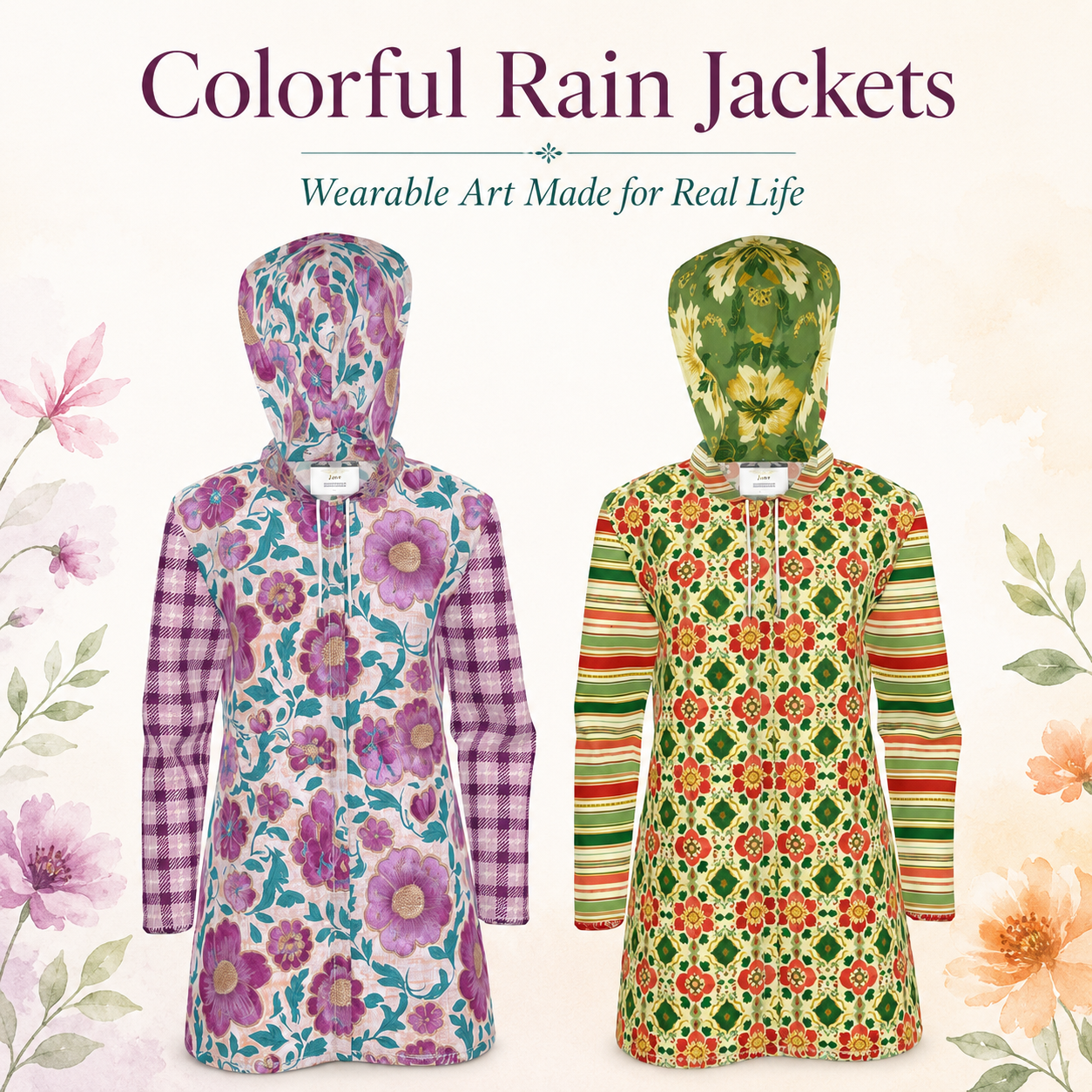 Colorful Rain Jackets collection graphic featuring two women’s hooded waterproof rain jackets in floral, plaid, stripe, and Maharani-inspired prints by SingleTree Lane.