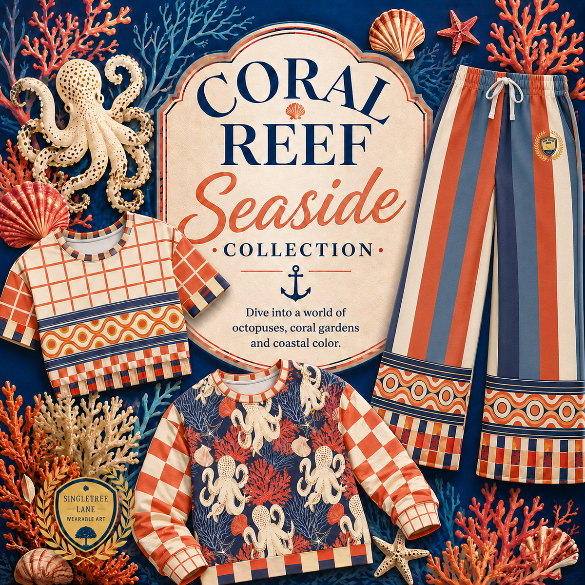 SingleTree Lane Coral Reef Seaside Collection graphic featuring illustrated octopus, coral, seashells, cropped tops, sweatshirt, and coastal striped wide leg pants.