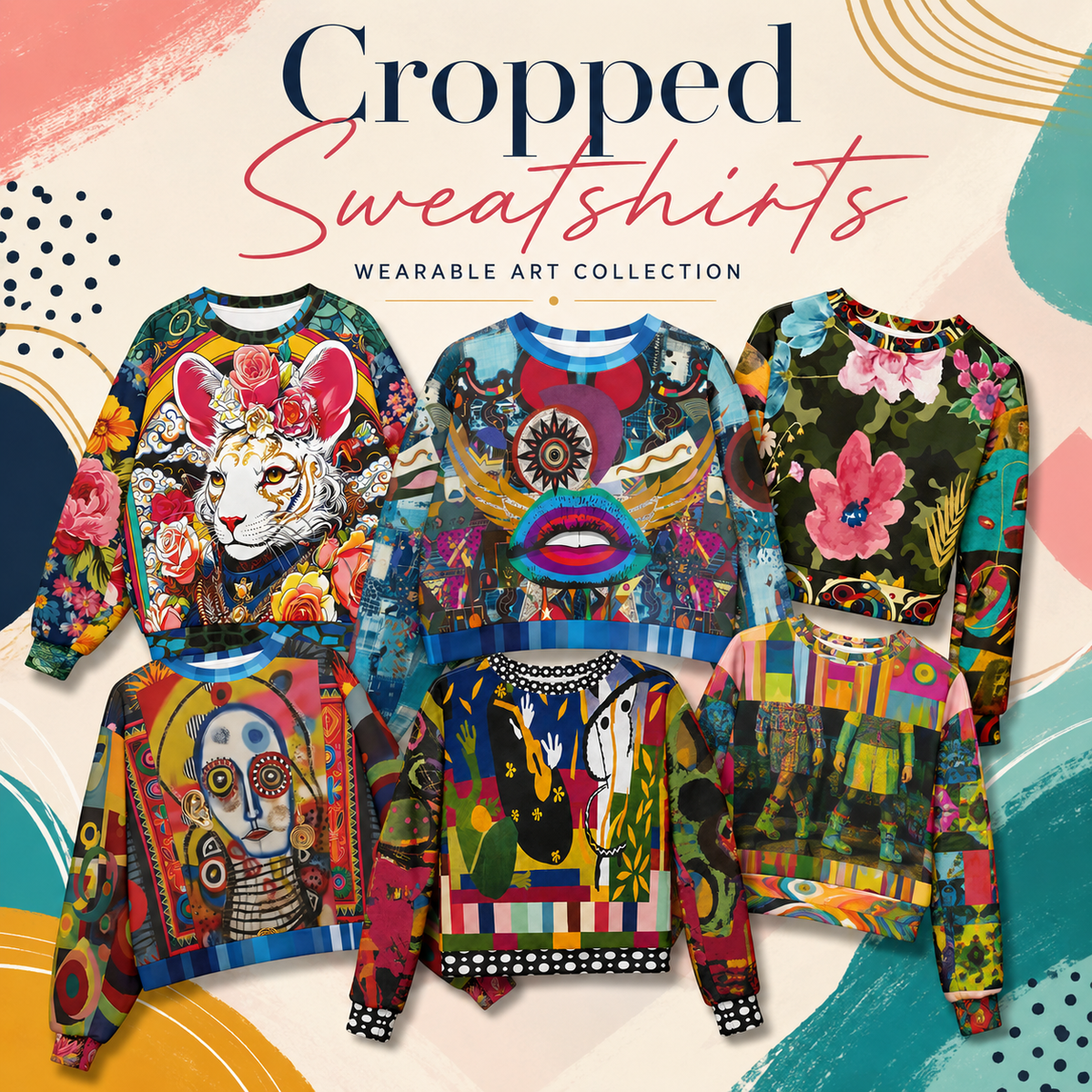 Colorful cropped sweatshirts by SingleTree Lane featuring bold wearable art, floral, abstract, retro and artistic statement designs.