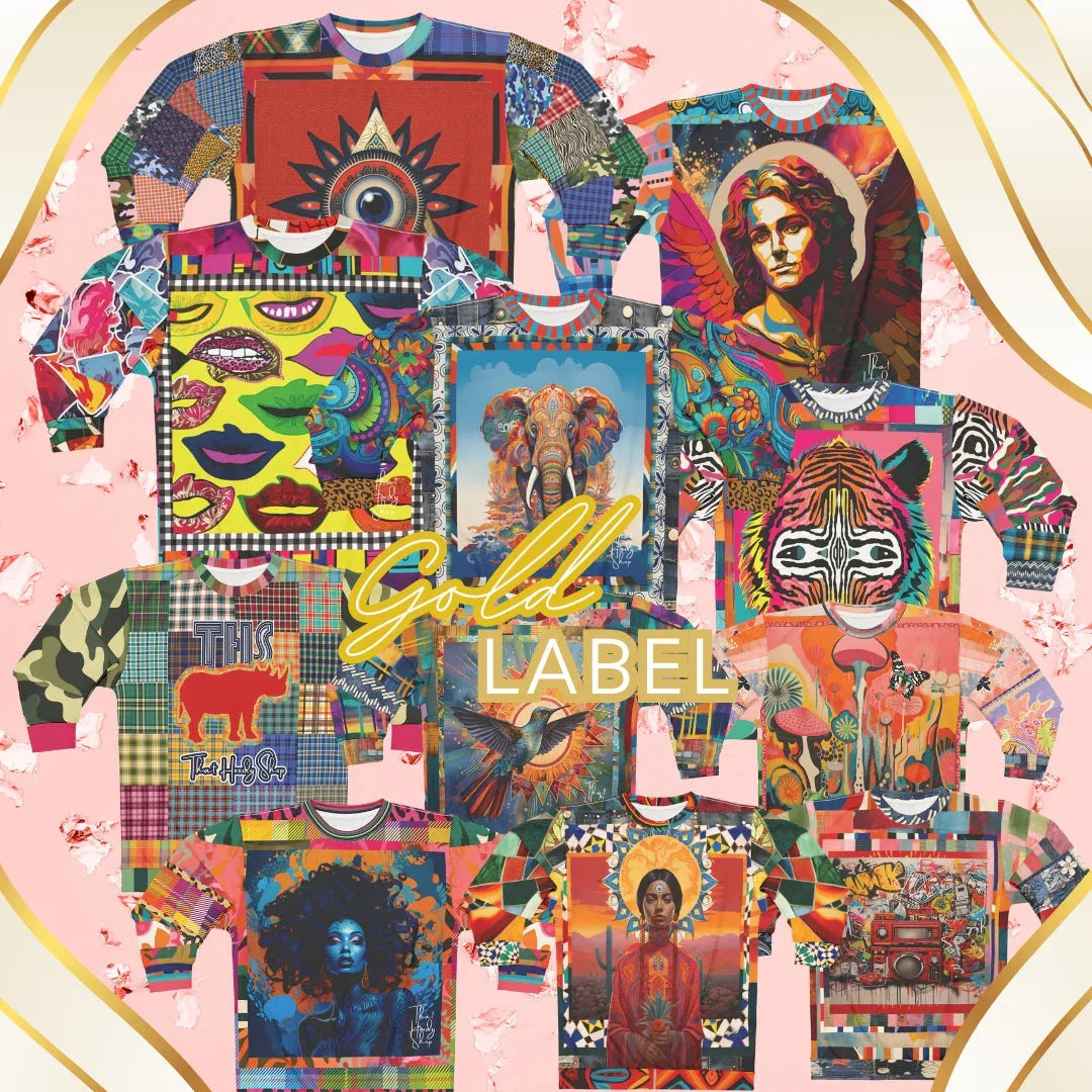 Gold Label collection featuring premium wearable art tops with bold graphic prints, patchwork designs, and vibrant artistic patterns.