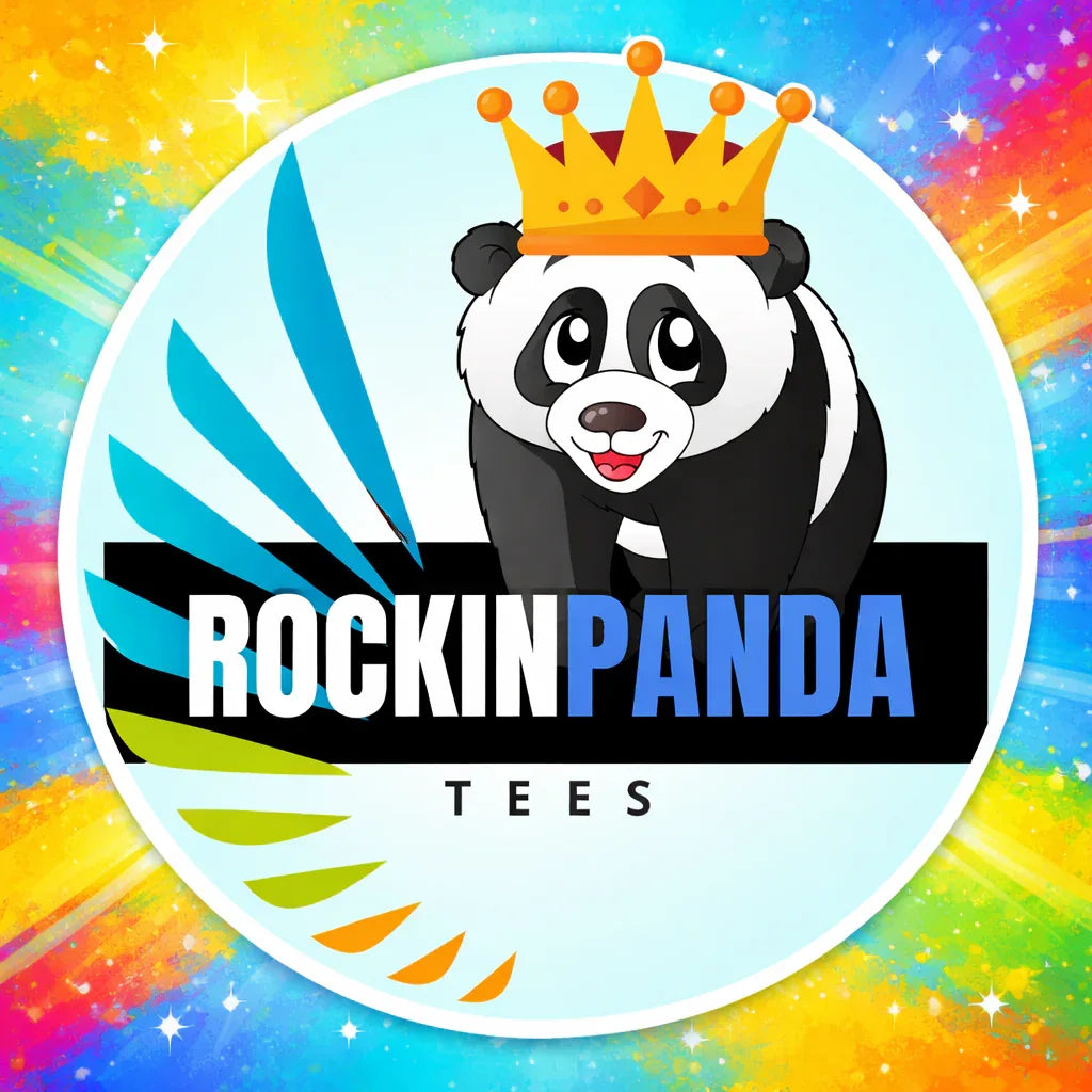 Rockin Panda Tees logo featuring cartoon panda with crown and colorful background representing playful graphic t-shirt brand.