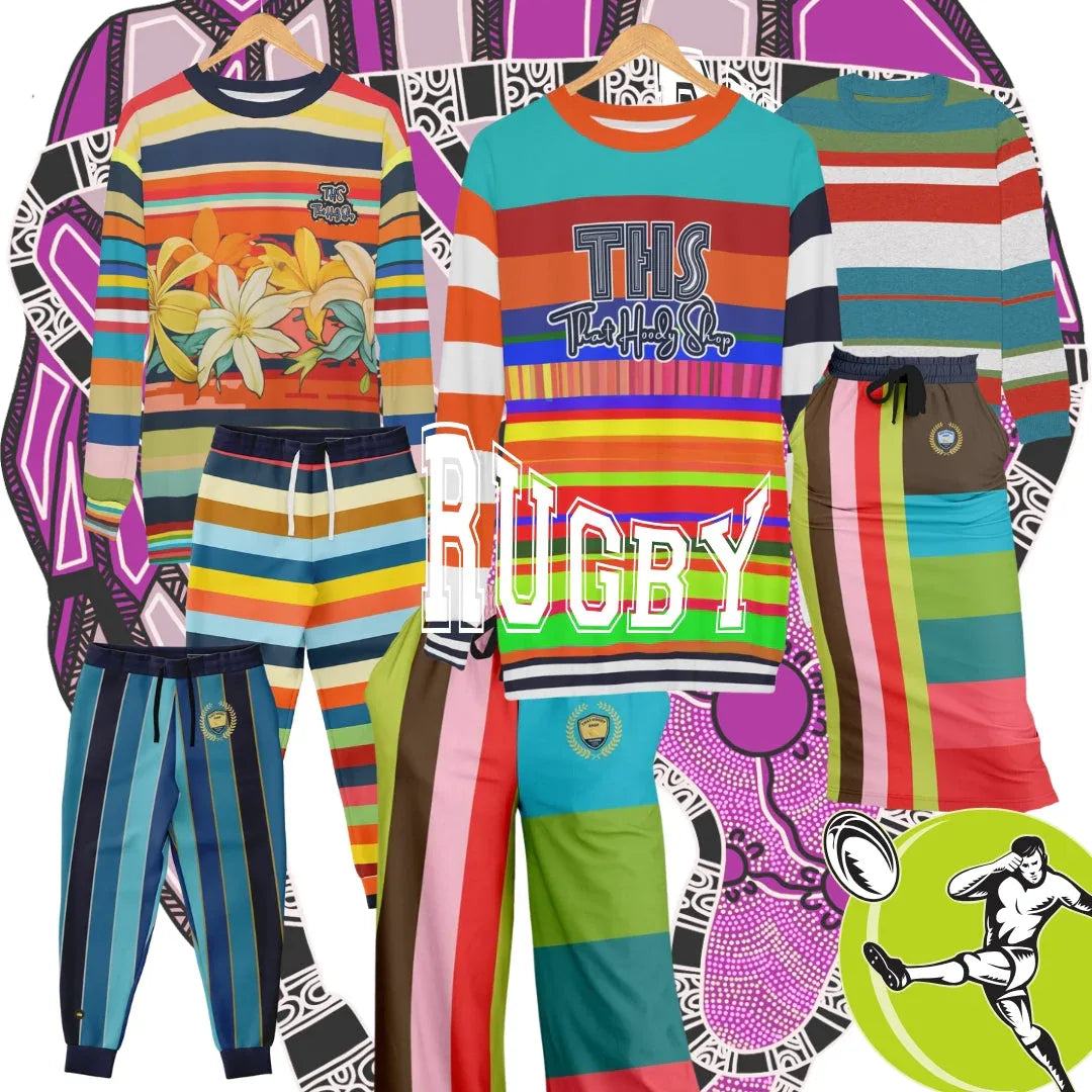 Rugby stripe clothing collection with bold color-blocked tops and striped pants in vibrant patterns.