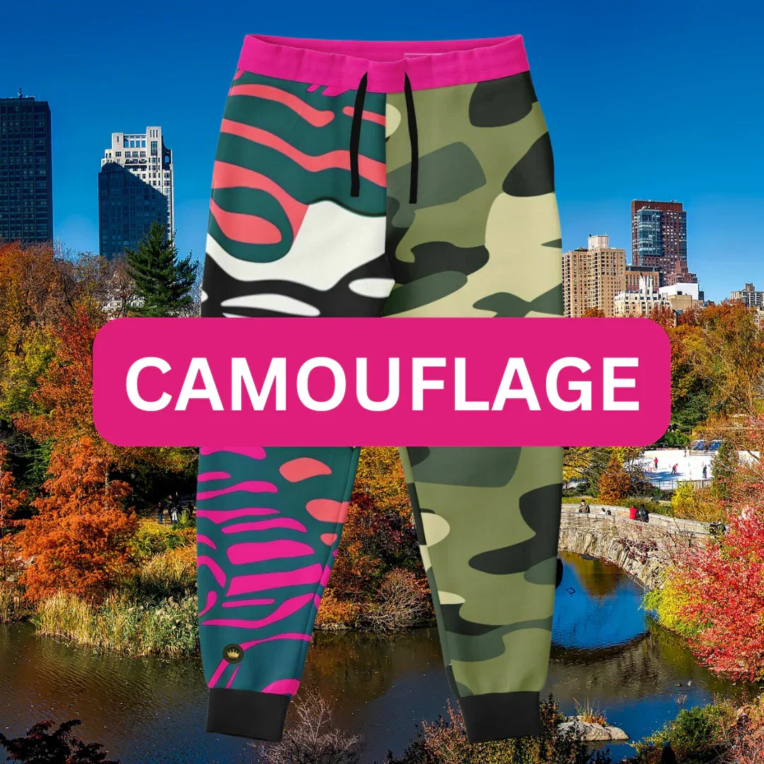 Colorful camouflage joggers with mixed camo patterns and pink waistband displayed over a city park skyline with camouflage collection title banner.