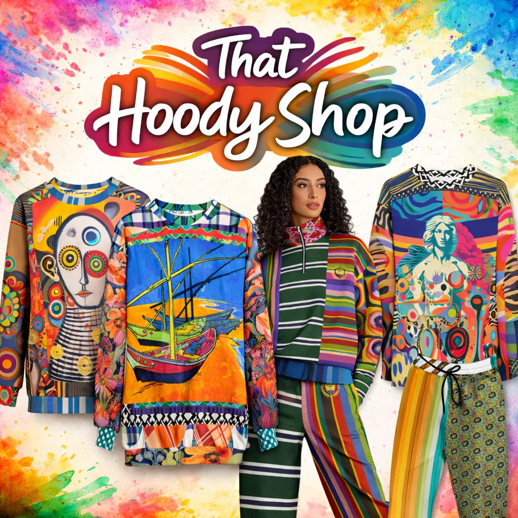 That Hoody Shop wearable art clothing featuring bold graphic sweatshirts, colorful striped pants, and expressive designs in vibrant artistic prints.