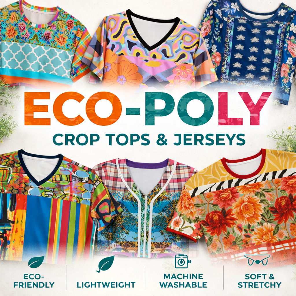 Eco-poly crop tops and jerseys collection graphic featuring colorful wearable art tops with floral, patchwork, and abstract prints arranged in a circular layout