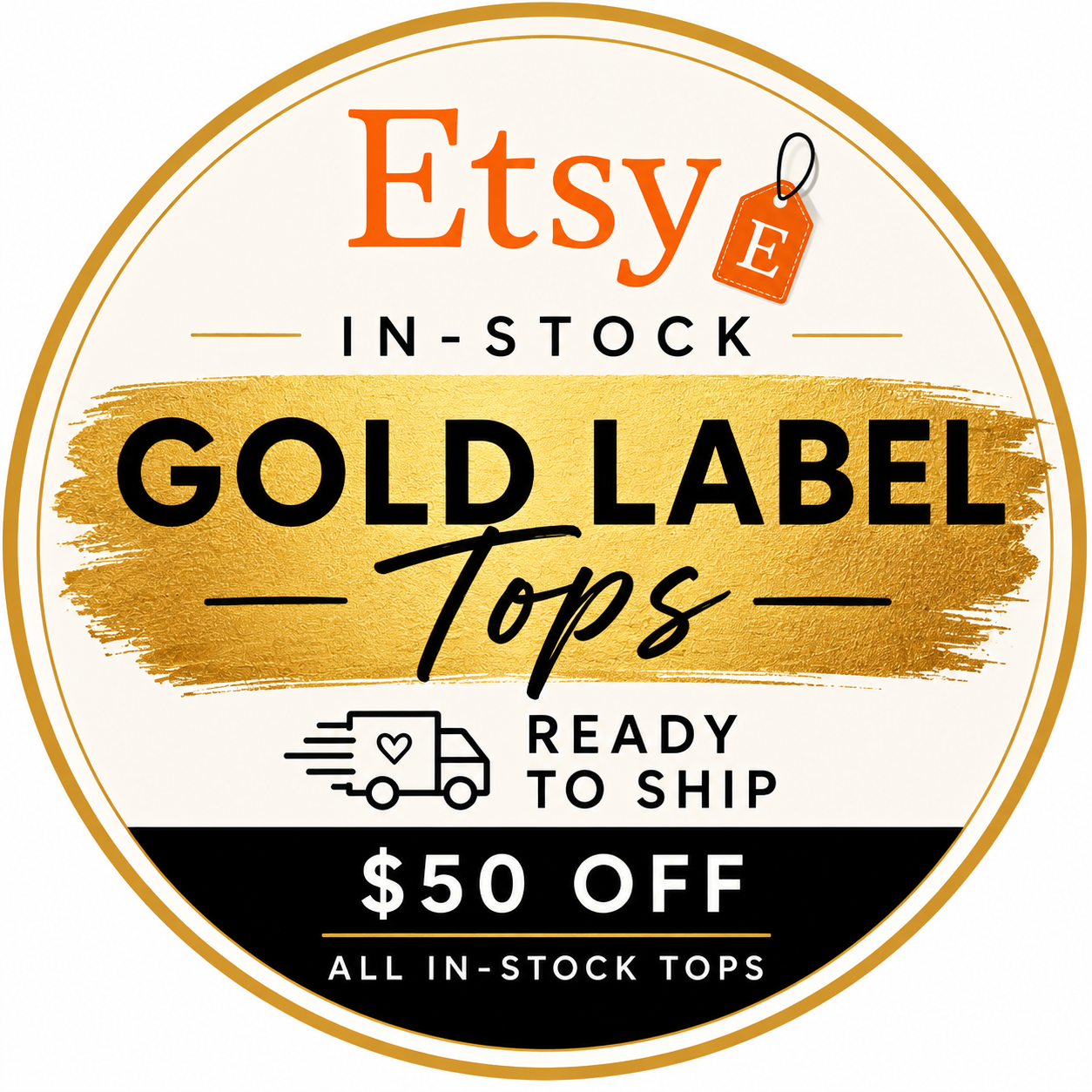 Etsy In-Stock Gold Label Tops collection badge from SingleTree Lane featuring ready-to-ship wearable art sweatshirts discounted $50 off, including colorful artistic fashion, statement clothing, and designer wearable art apparel.