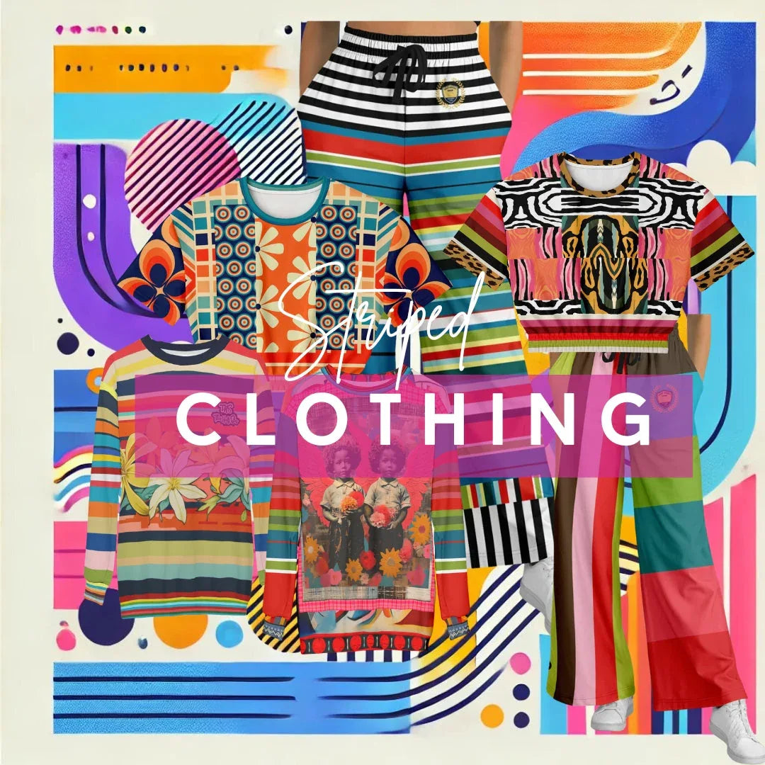 Striped clothing collection featuring artistic tops and pants with bold colorful stripe patterns.