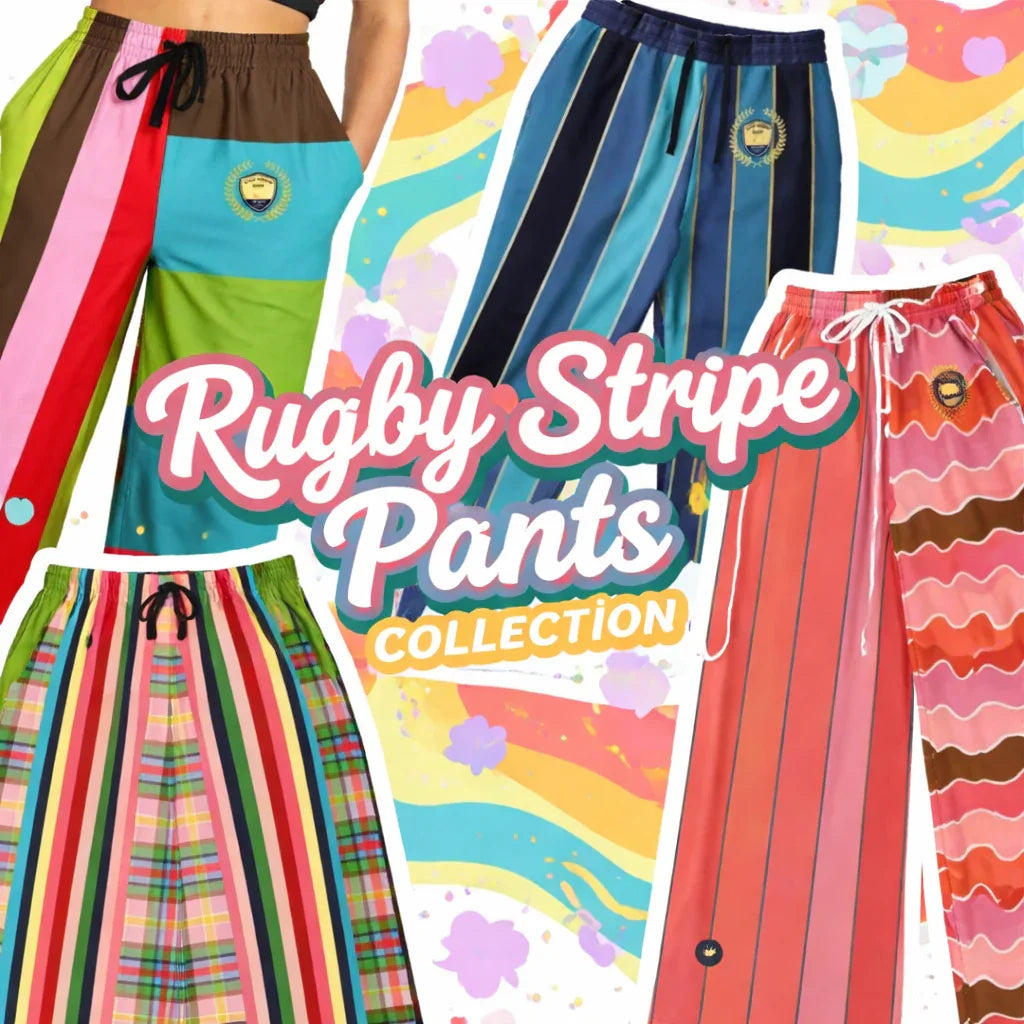 Rugby stripe pants collection featuring colorful wide leg pants and joggers with bold vertical and horizontal stripes.