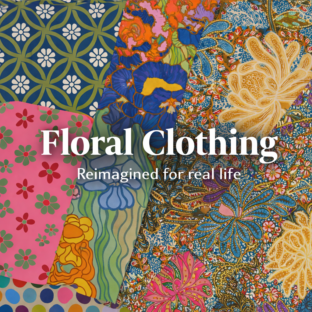Floral clothing and accessories collection graphic with blended floral patterns, including bold, retro, and abstract botanical designs in a patchwork collage