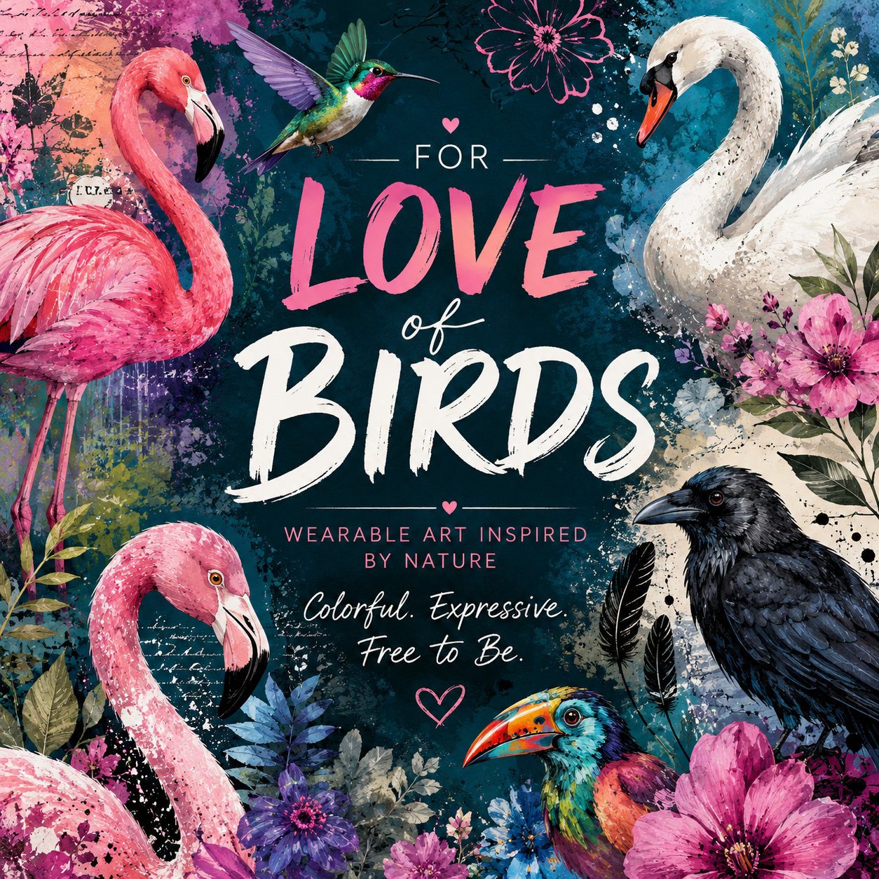 For Love of Birds collection graphic featuring flamingoes, swans, crows, a hummingbird, flowers, and bold bird-inspired wearable art text.