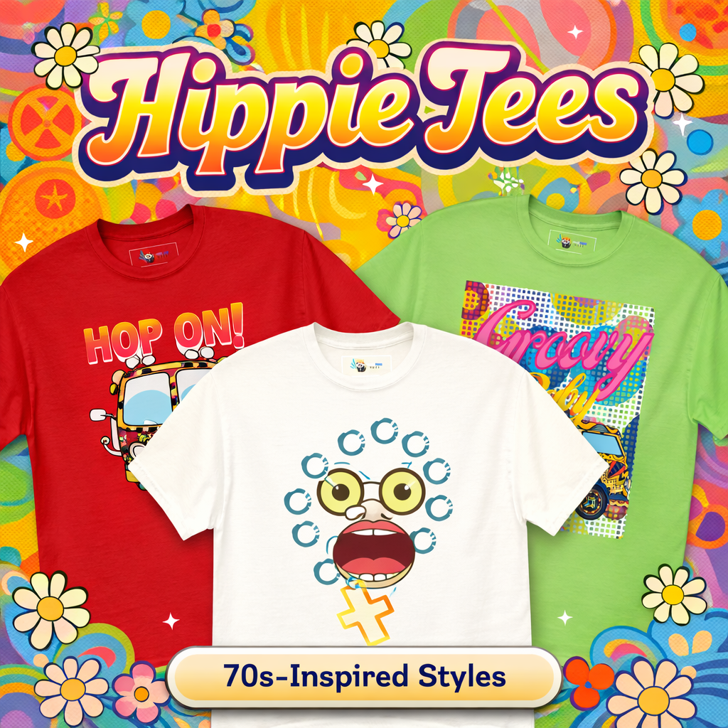 Hippie Tees collection graphic featuring colorful 70s-inspired t-shirts with groovy typography, retro van designs, and psychedelic floral patterns on a vibrant background