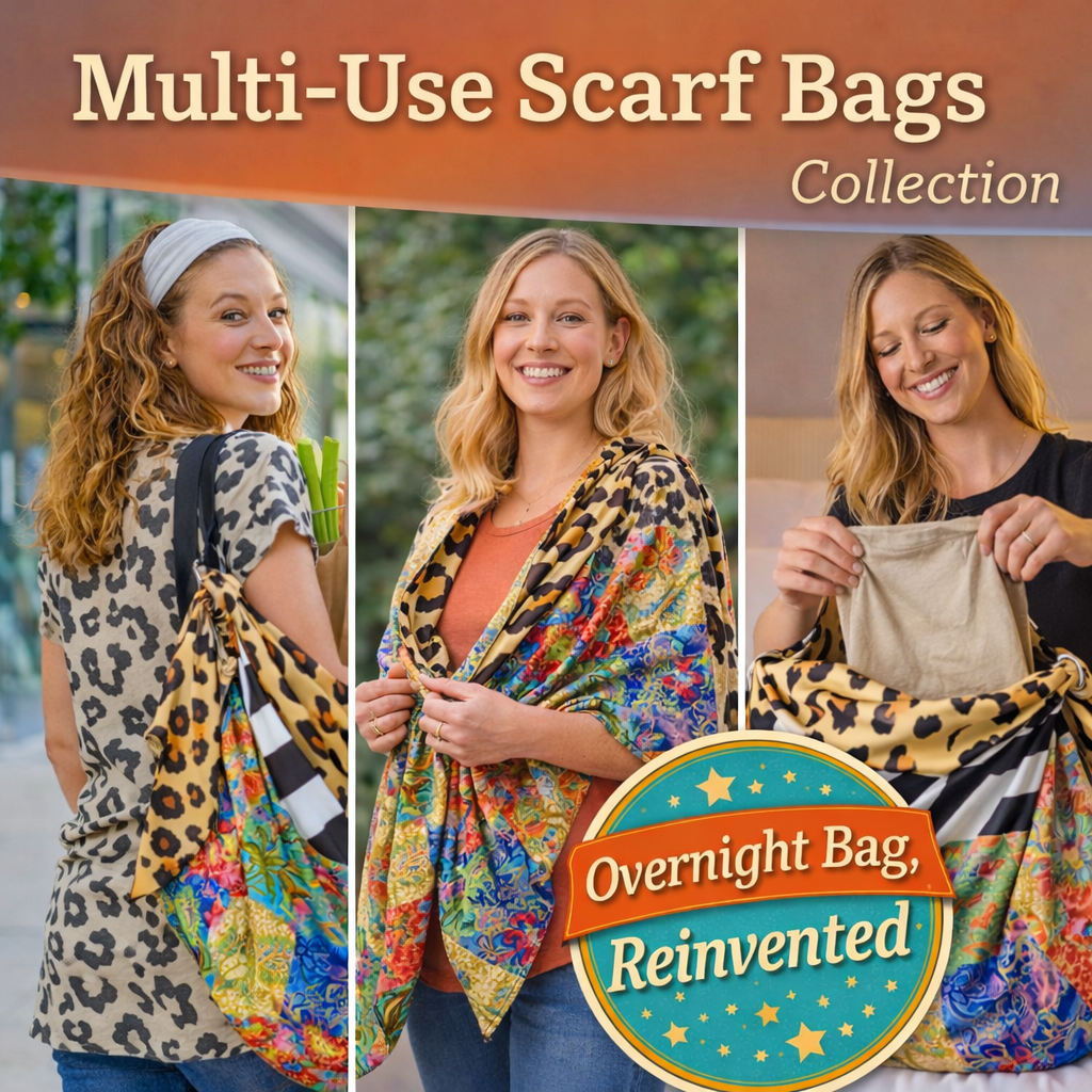 Multi-use scarf bag worn as shoulder bag, styled as wrap, and used as lightweight overnight bag alternative for travel and everyday versatility