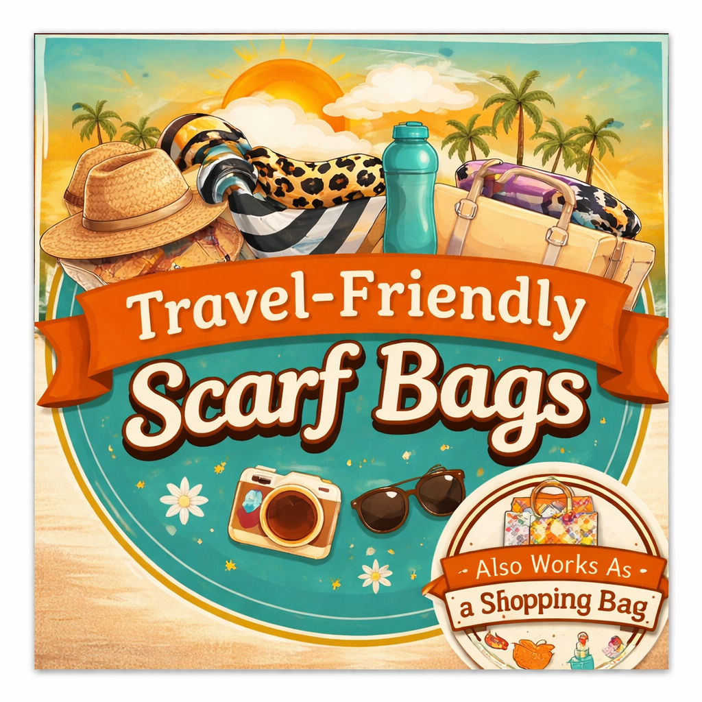 Travel-friendly scarf bag collection icon showing lightweight, packable bag that doubles as a shopping bag for travel, beach, and everyday use