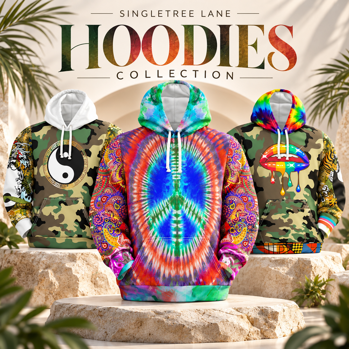 Collection graphic for SingleTree Lane Hoodies featuring three bold wearable art hoodies, including a tie-dye peace sign hoodie and two camouflage hoodies with graphic details, styled in a tropical studio setting.