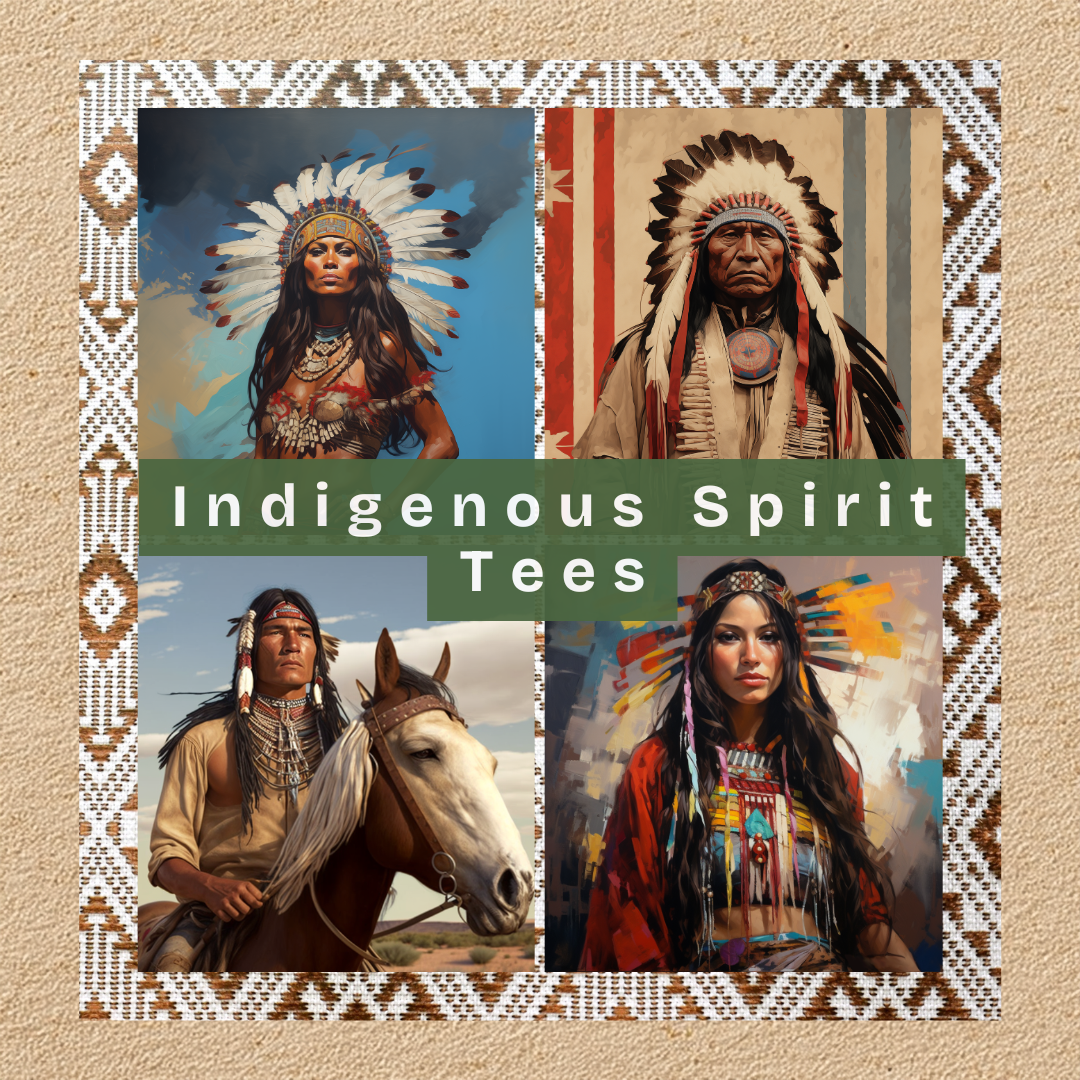 Indigenous Spirit Tees collection graphic featuring four portrait designs including feathered headdresses, horseback rider, and colorful geometric headpiece artwork in a grid layout