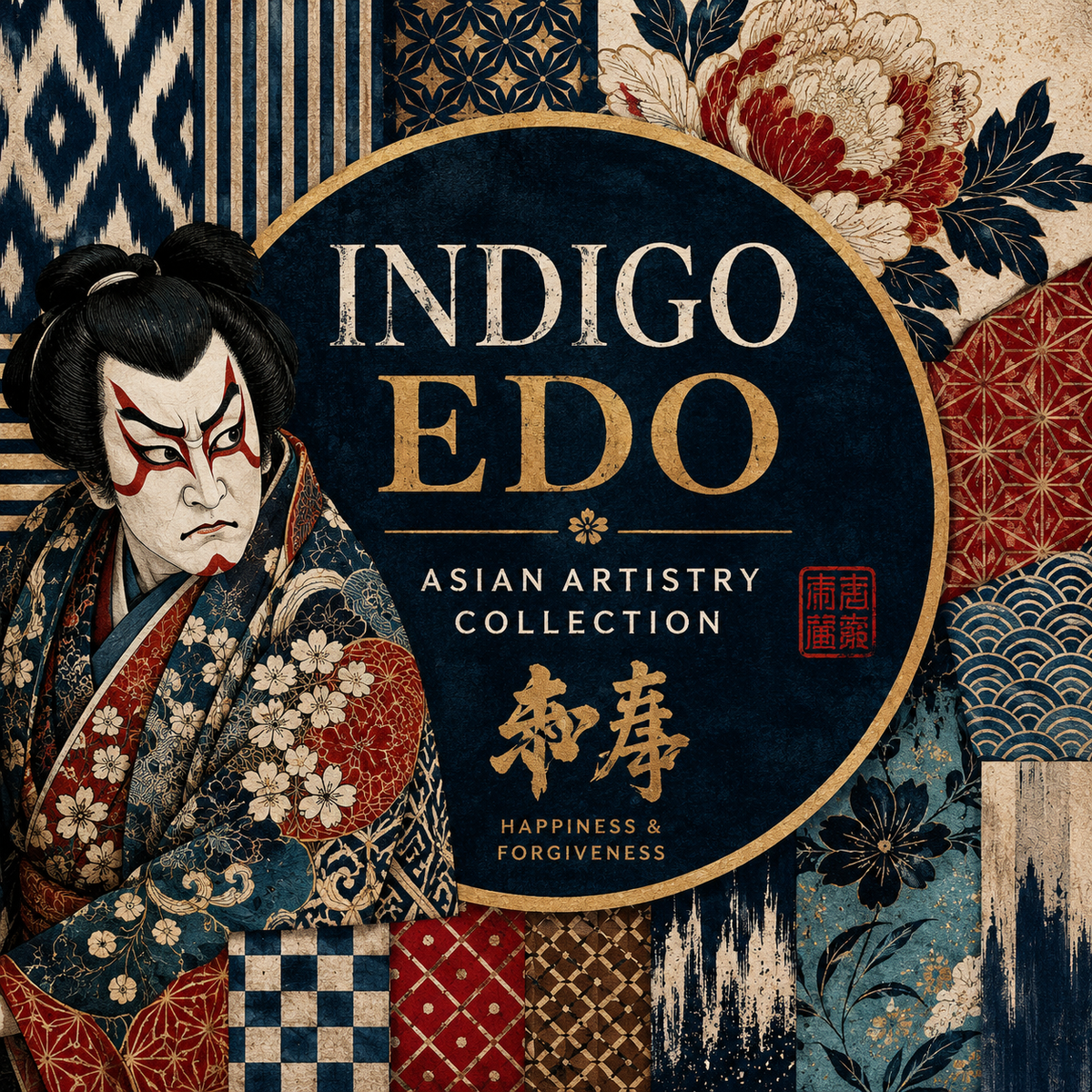 SingleTree Lane Indigo Edo Asian Artistry Collection icon with Kabuki-inspired figure, Japanese textile patterns, indigo, crimson and gold details.