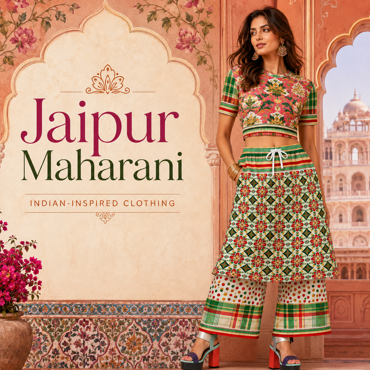 Jaipur Maharani Indian-inspired clothing collection graphic featuring a woman in a floral crop top, patterned long skirt overlay, wide leg pants, palace tile prints, and bold sari-inspired colors