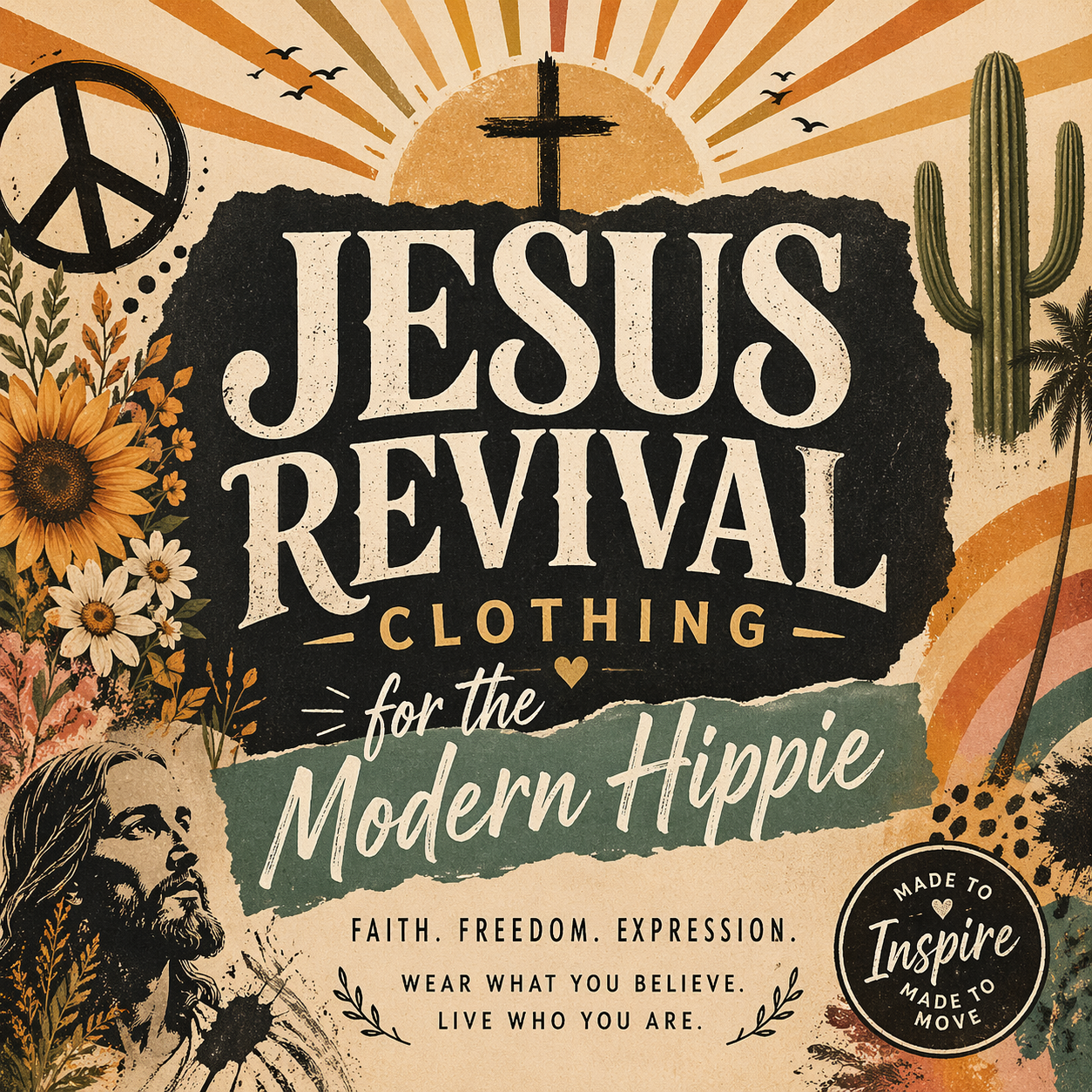 Vintage-style graphic to represent the Jesus Revival Clothing collection for SingleTree Lane featuring a colorful modern hippie figure, cross, sunburst, and retro faith-inspired elements.