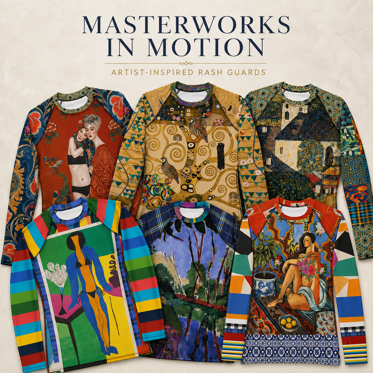 Collection graphic for Masterworks in Motion, a subcollection of SingleTree Lane’s Great Artists Collection featuring colorful women’s rash guards inspired by Klimt, Matisse, Van Gogh and other celebrated artists.