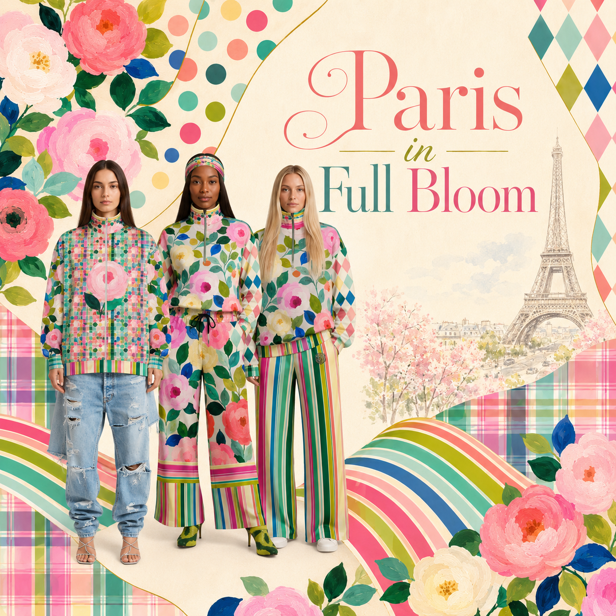 Paris in Full Bloom collection graphic with three models in floral, stripe, polka dot, plaid, and harlequin statement outfits.