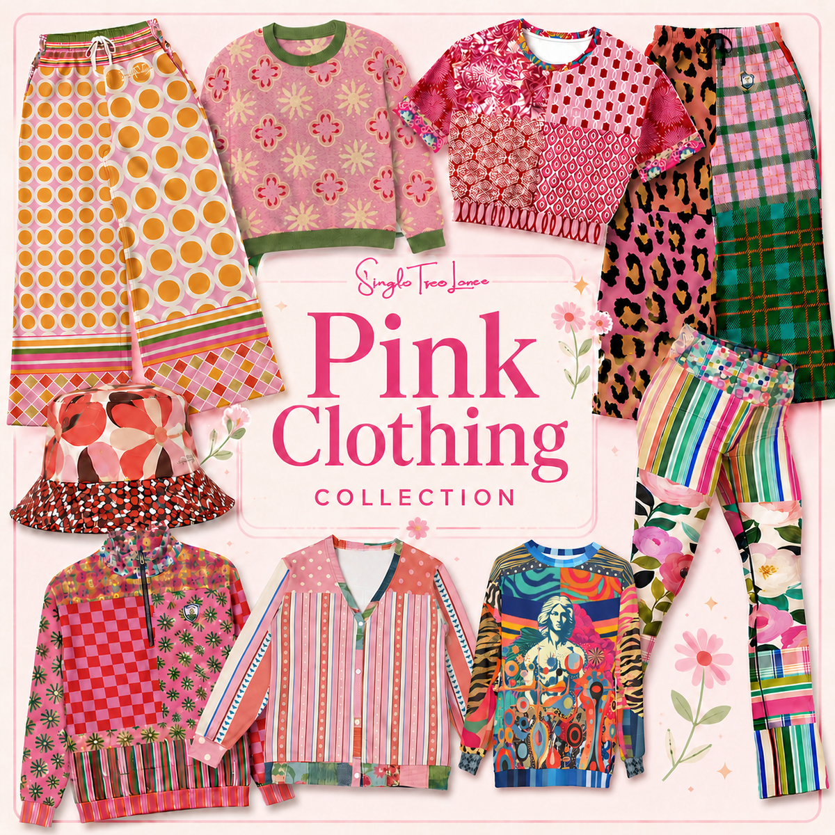 Pink Clothing Collection graphic featuring SingleTree Lane wearable art styles, including pink patterned pants, leggings, bucket hat, cardigan, sweater, quarter-zip, cropped top, and colorful sweatshirt.