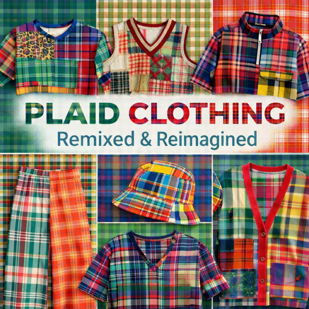 Plaid clothing with bold tartan, patchwork, and multicolor patterns displayed in a wearable art collection graphic