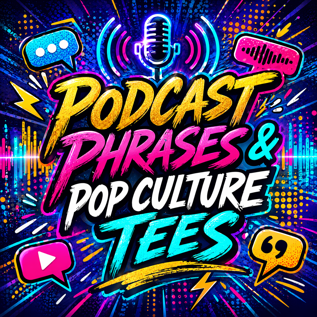 Podcast phrases and pop culture tees graphic with bold neon typography and microphone design