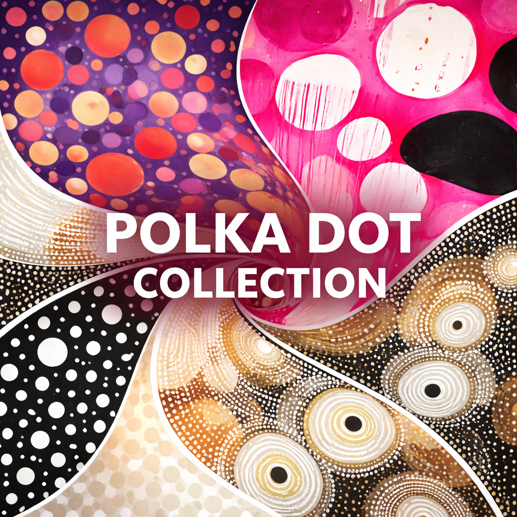 Polka dot clothing collection graphic featuring colorful, black and white, and abstract dot patterns arranged in a swirling design with Polka Dot Collection text overlay
