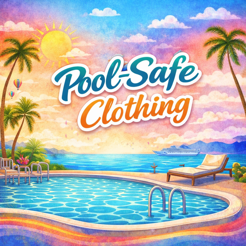 Colorful 1:1 collection graphic for SingleTree Lane featuring the words “Pool-Safe Clothing” centered over a bright tropical poolside scene with palm trees, sunshine, a lounge chair, a cruise ship in the distance, and shimmering blue water.