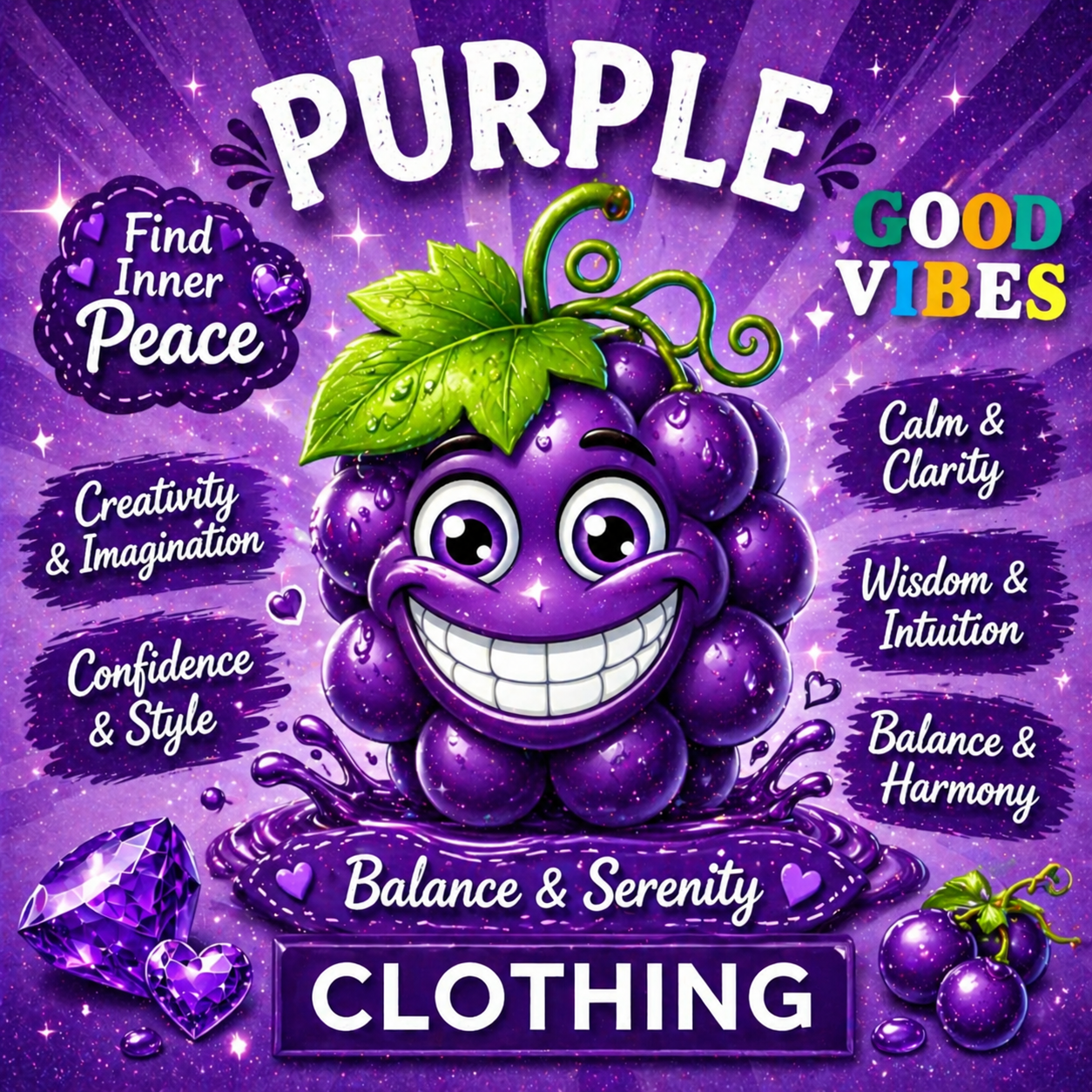 Purple clothing collection graphic with a smiling grape character, green leaves, and phrases like “Good Vibes,” “Find Inner Peace,” “Calm &amp; Clarity,” and “Balance &amp; Serenity” on a glowing purple background with sparkles and gem accents.